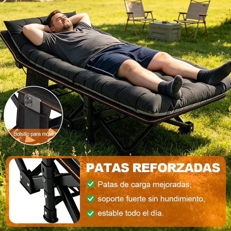 Cama plegable extra grande color negro (60*170 cm), especialmente para exteriores: diseño portátil ideal para camping, viajes y oficina.Con estructura de metal resistente y bolsillos laterales de almacenamiento.
