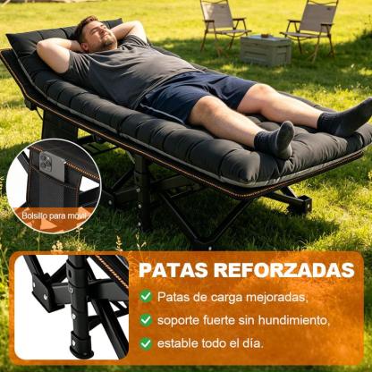 Cama plegable extra grande color negro (60*170 cm), especialmente para exteriores: diseño portátil ideal para camping, viajes y oficina.Con estructura de metal resistente y bolsillos laterales de almacenamiento.