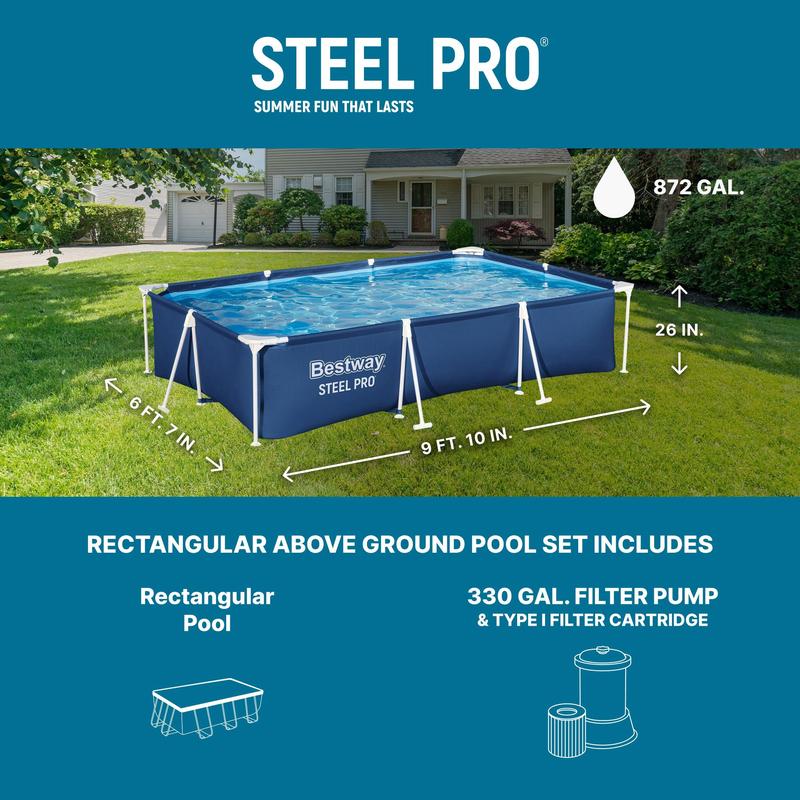 Piscina desmontable Bestway Steel Pro de estructura metálica (9,8' x 6,6' x 26") con bomba de filtro