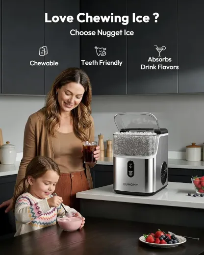 Máquina de hielo en pepitas (nugget) de sobremesa EUHOMY; produce hielo suave (capacidad de 35 lb o 33 lb/24 h); función de autolimpieza; incluye pala y cesta para hielo; ideal para el hogar, la cocina o la oficina.