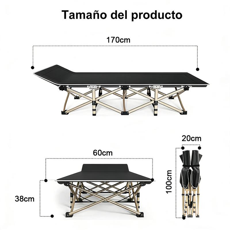 Cama plegable extra grande color negro (60*170 cm), especialmente para exteriores: diseño portátil ideal para camping, viajes y oficina.Con estructura de metal resistente y bolsillos laterales de almacenamiento.