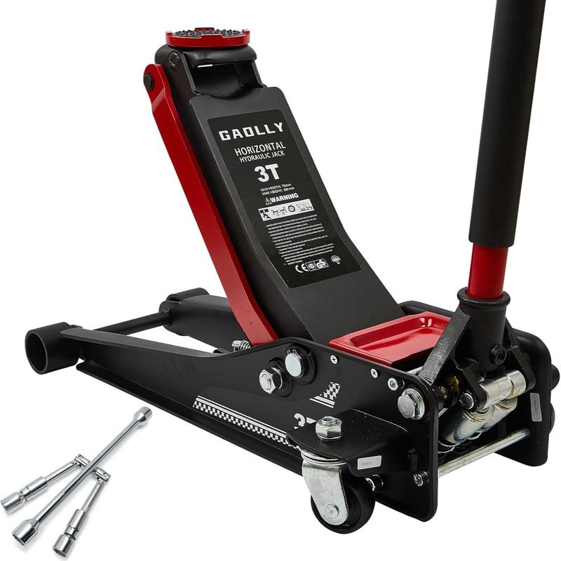 Gato hidráulico de perfil bajo de 3 toneladas para competición, de alta resistencia - Certificación de seguridad GS, bomba de elevación rápida de doble pistón, rango de elevación de 8,5 a 50 cm, herramienta automotriz para reparación de vehículos.