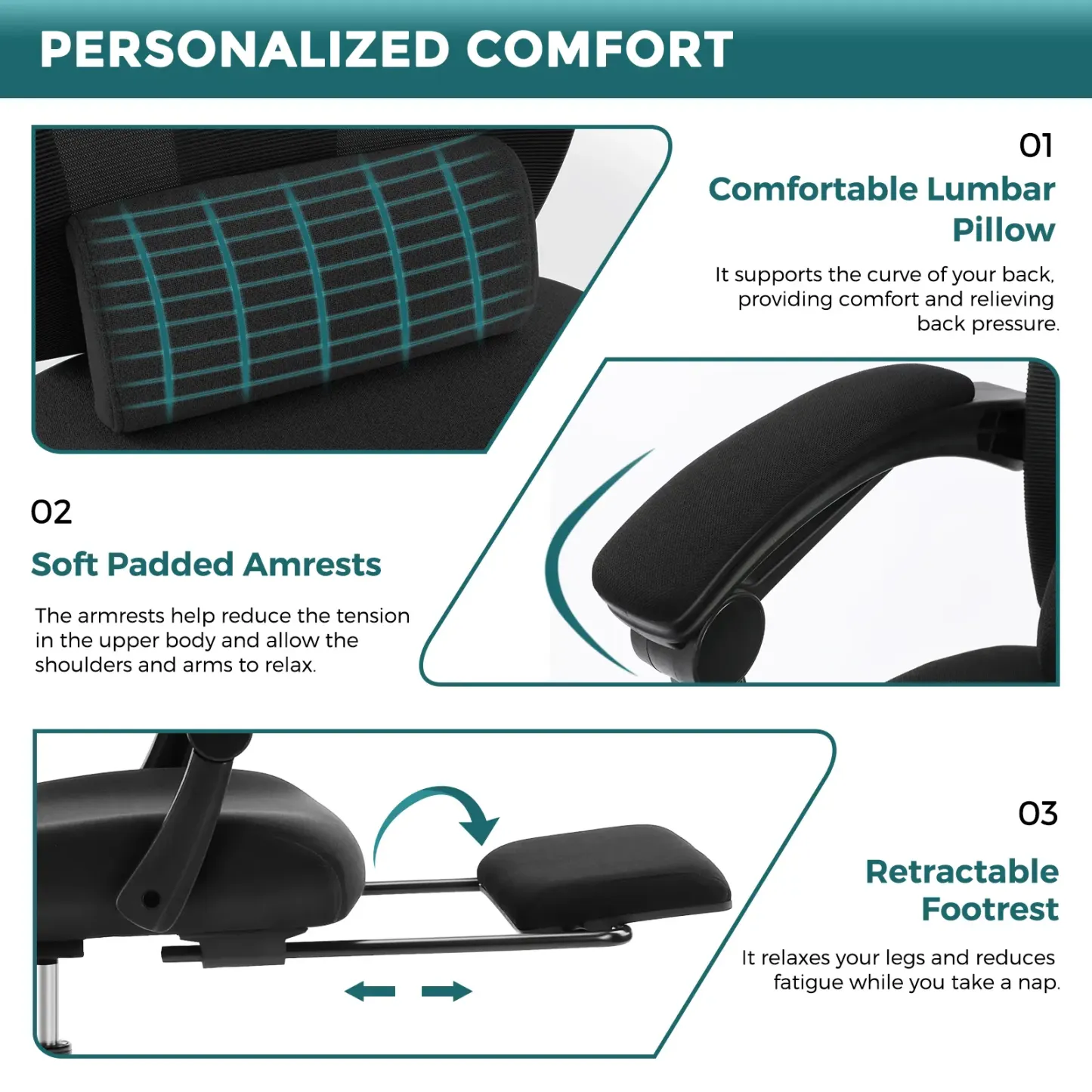 Silla de Oficina Ergonómica con Reposapiés, Reposacabezas Ajustable y Respaldo de Malla, Giratoria con Ruedas y Altura Regulable