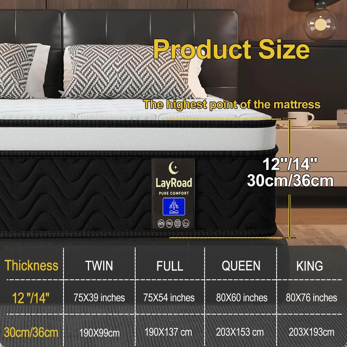 Colchón híbrido en caja de 12 o 14 pulgadas (tamaños Twin, Full, Queen o King) de espuma viscoelástica | Resortes ensacados + soporte por zonas | Suave y cómodo, alivio de presión, firmeza media, certificado CertiPUR-US