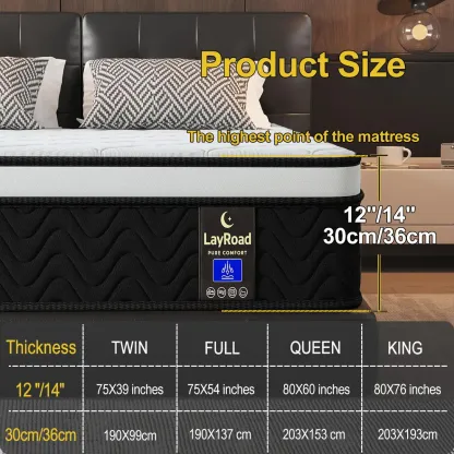 Colchón híbrido en caja de 12 o 14 pulgadas (tamaños Twin, Full, Queen o King) de espuma viscoelástica | Resortes ensacados + soporte por zonas | Suave y cómodo, alivio de presión, firmeza media, certificado CertiPUR-US