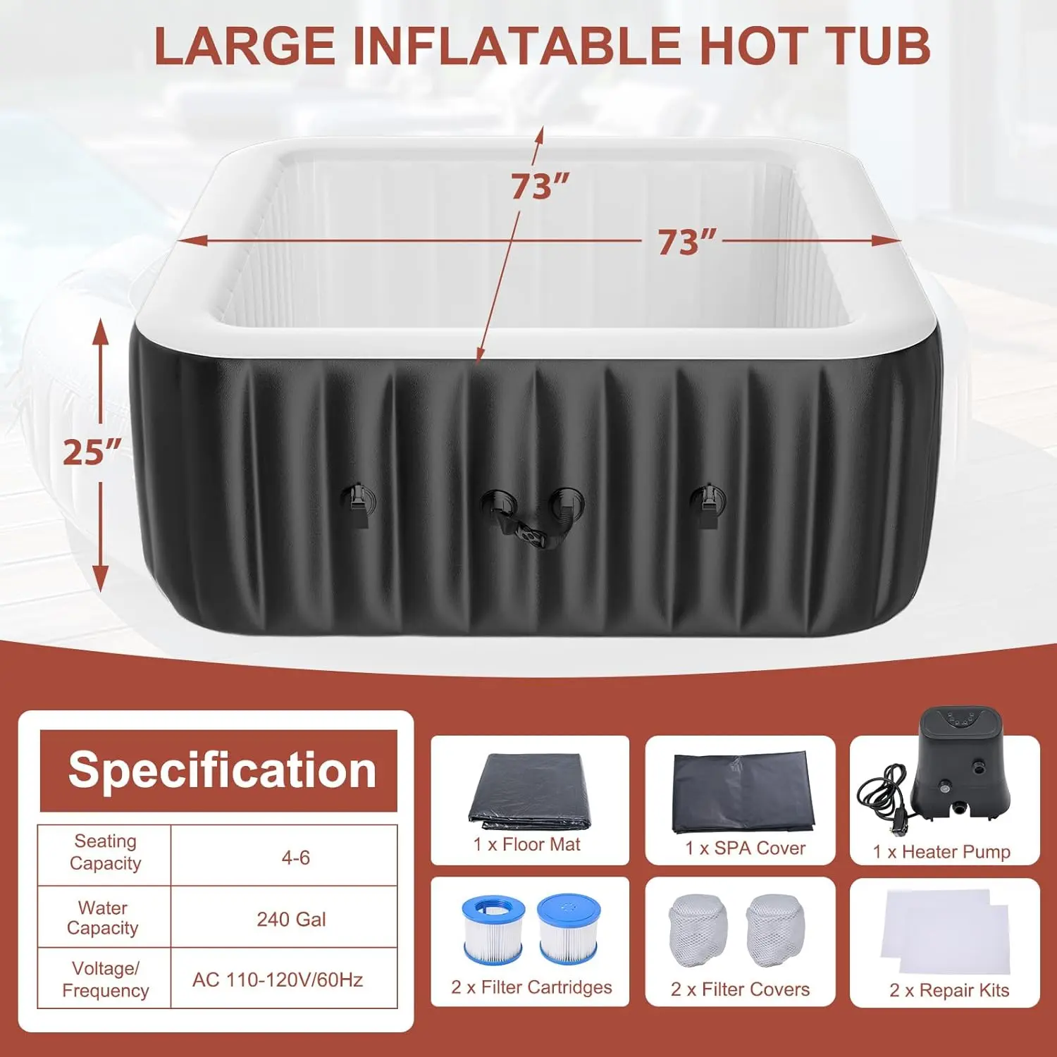 Spa Inflable Exterior para 4-6 Personas, Jacuzzi Portátil con 130 Chorros de Burbujas, Bomba de Calor y Filtro, Ideal para Patio y Jardín