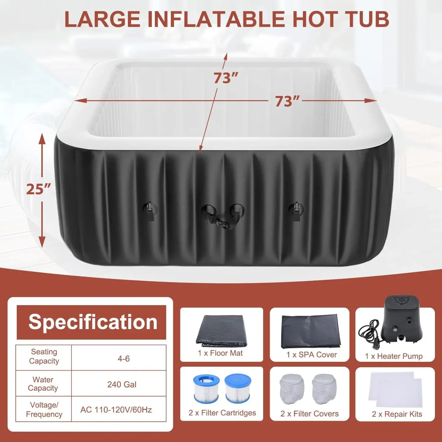 Spa Inflable Exterior para 4-6 Personas, Jacuzzi Portátil con 130 Chorros de Burbujas, Bomba de Calor y Filtro, Ideal para Patio y Jardín