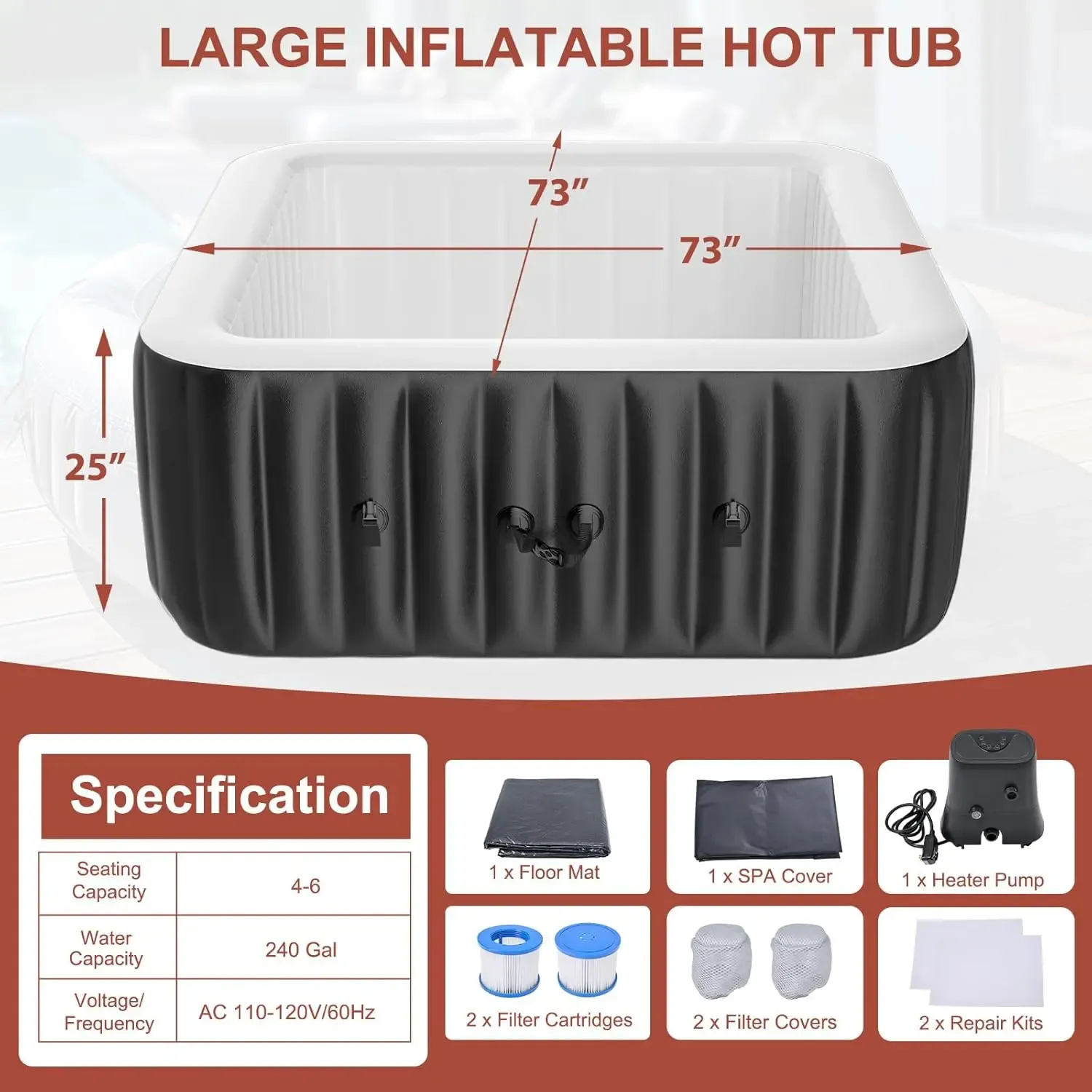 Spa Inflable Exterior para 4-6 Personas, Jacuzzi Portátil con 130 Chorros de Burbujas, Bomba de Calor y Filtro, Ideal para Patio y Jardín