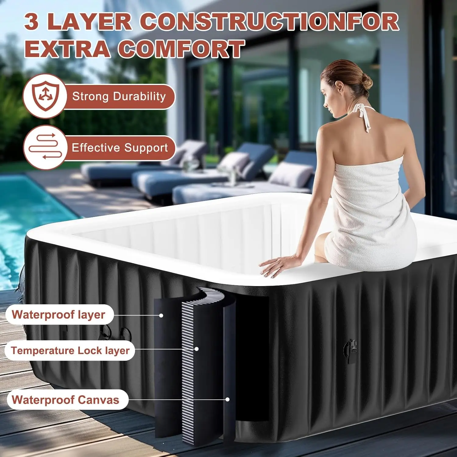 Spa Inflable Exterior para 4-6 Personas, Jacuzzi Portátil con 130 Chorros de Burbujas, Bomba de Calor y Filtro, Ideal para Patio y Jardín