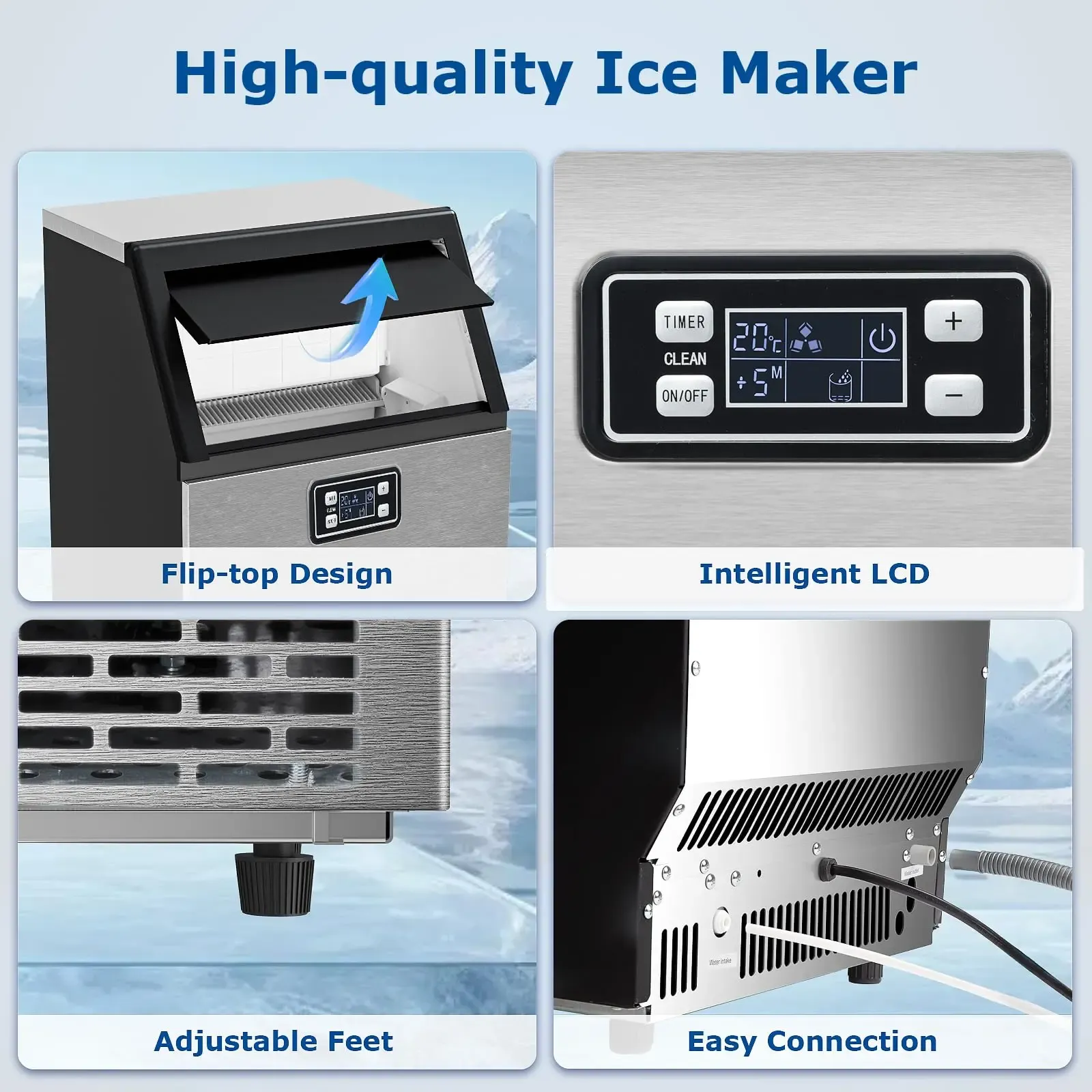 Máquina de hielo comercial Kismile — Modelo 2026 mejorado — Producción de 66, 80 o 100 libras en 24 horas — Fabricadora de hielo de acero inoxidable con capacidad de almacenamiento de 33 libras — Modelo independiente con función de autolimpieza, ideal par