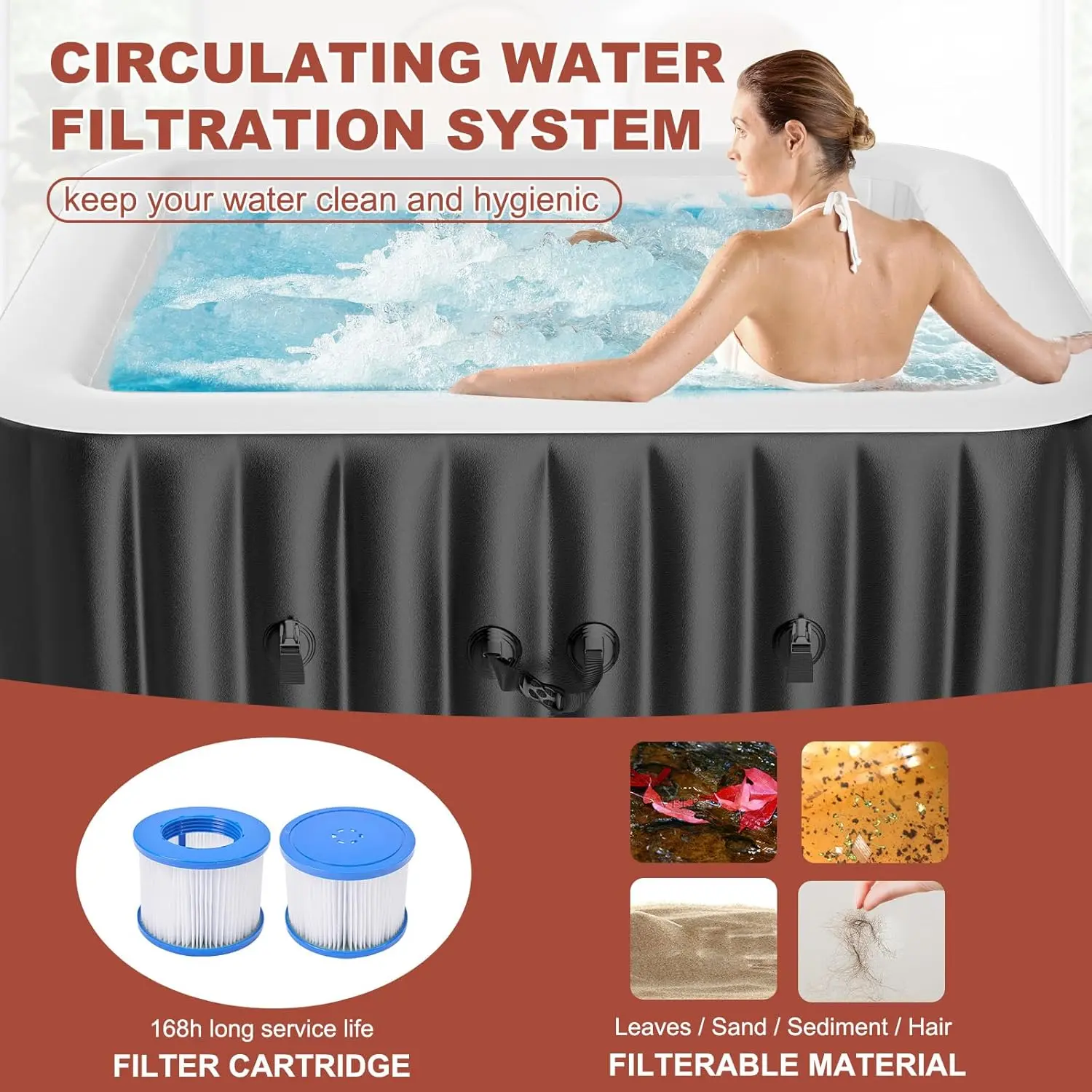 Spa Inflable Exterior para 4-6 Personas, Jacuzzi Portátil con 130 Chorros de Burbujas, Bomba de Calor y Filtro, Ideal para Patio y Jardín