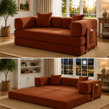Sofá cama futón convertible de pana de 78,8 pulgadas; sofá sin estructura rígida que no requiere montaje, con bolsillo de almacenamiento para sala de estar; color verde; ideal para dormitorios y decoración del hogar.