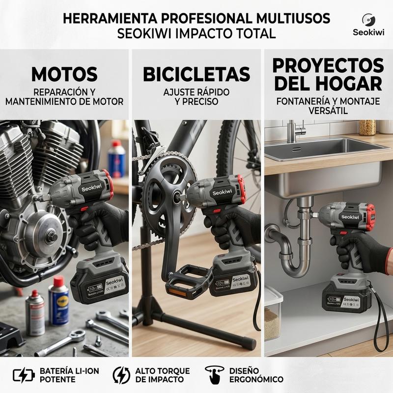 Kit de Herramientas Eléctricas Inalámbricas  4 en 1 con Taladro Percutor, Llave de Impacto, Motosierra y Soplador de Turbina, Motor Sin Escobillas, 2 Baterías y Luz LED