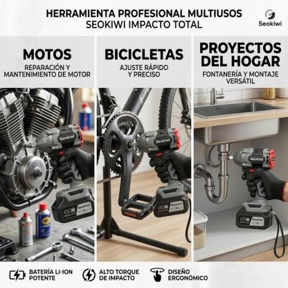 Kit de Herramientas Eléctricas Inalámbricas  4 en 1 con Taladro Percutor, Llave de Impacto, Motosierra y Soplador de Turbina, Motor Sin Escobillas, 2 Baterías y Luz LED