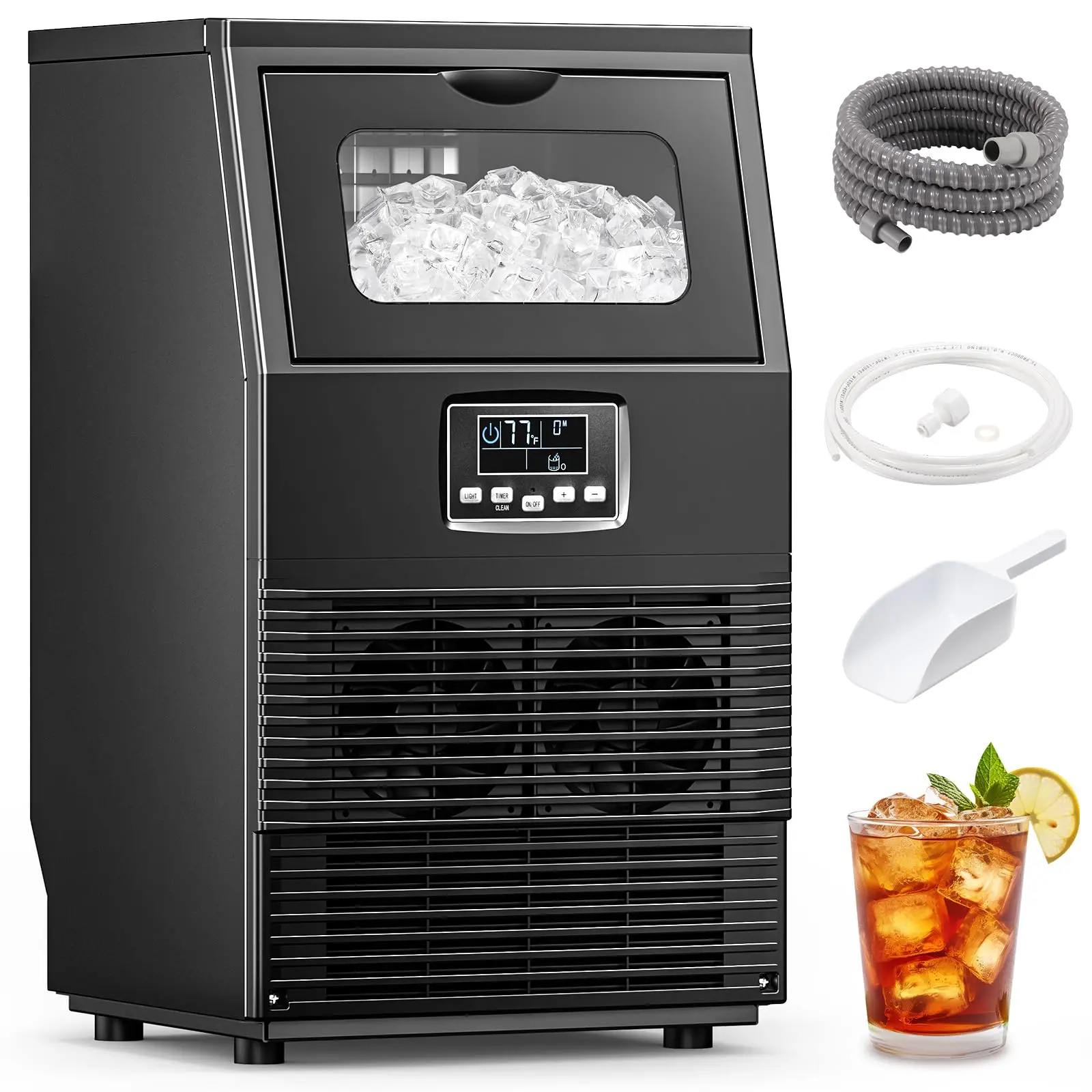Máquina de hielo comercial Kismile — Modelo 2026 mejorado — Producción de 66, 80 o 100 libras en 24 horas — Fabricadora de hielo de acero inoxidable con capacidad de almacenamiento de 33 libras — Modelo independiente con función de autolimpieza, ideal par