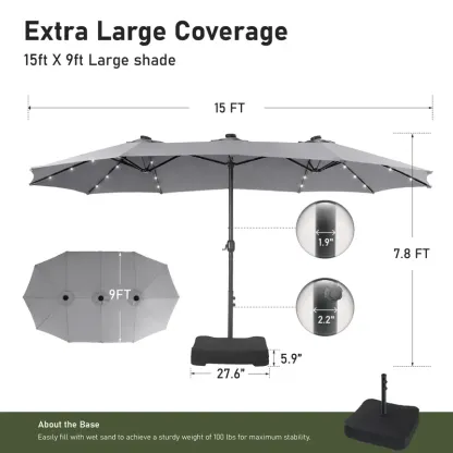 Sombrilla grande para patio de 15 pies con base – Opción con luces LED, doble cara, manivela, impermeable. Incluye base con peso y bolsa de arena. Capacidad para hasta 10 personas, ideal para piscina, jardín, césped, patio, terraza y playa.