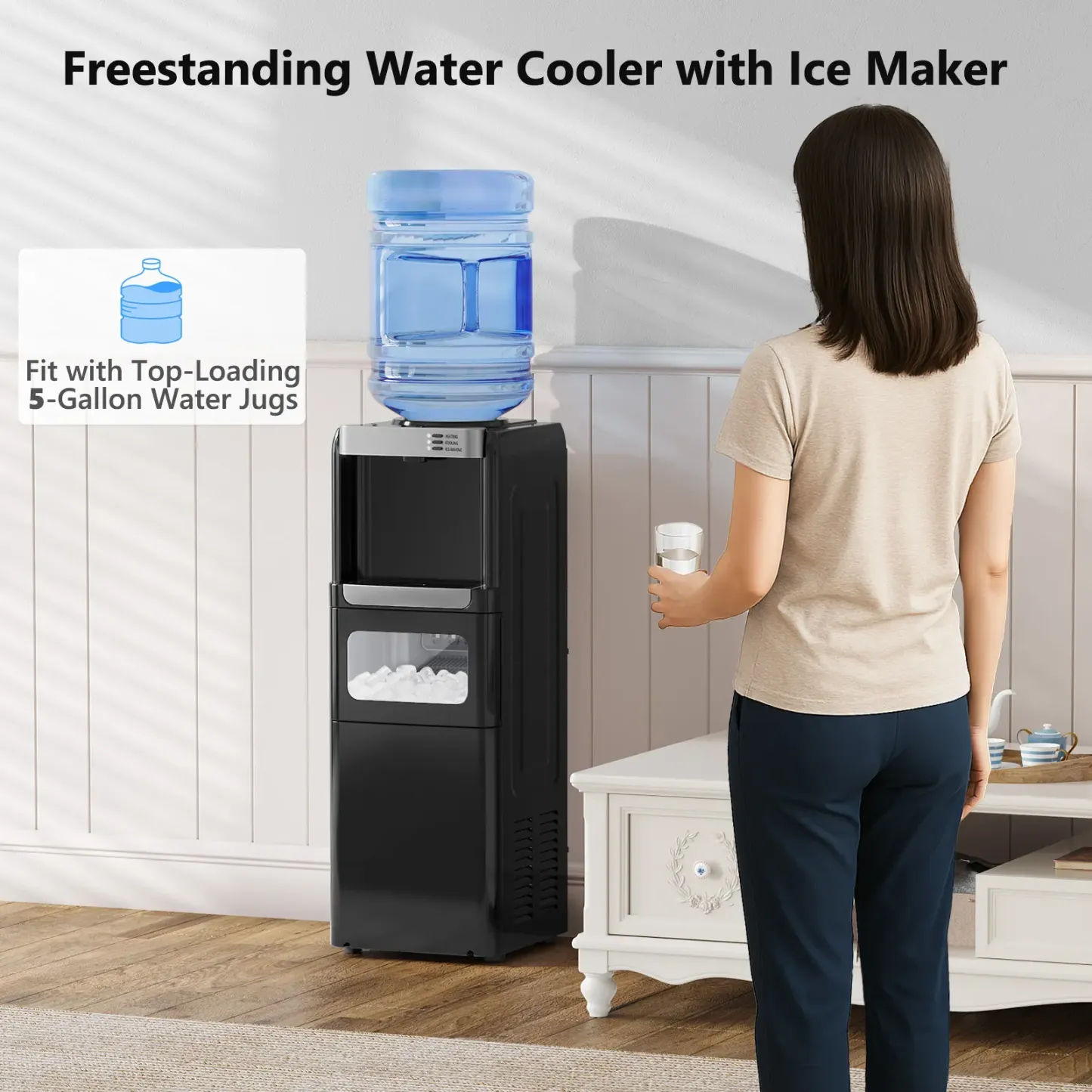 Dispensador de Agua con Máquina de Hielo, Carga Superior para Botellas de 5 Galones, Agua Caliente y Fría, con Seguro Infantil, Ideal para Hogar y Oficina