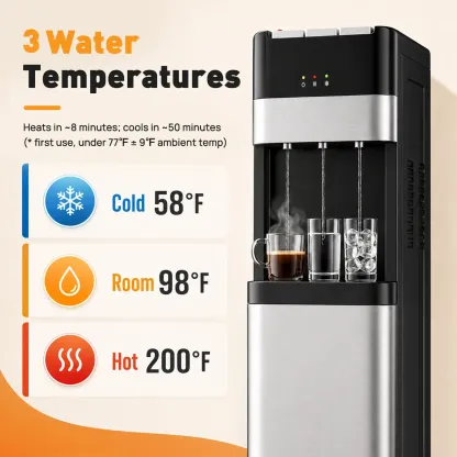 Dispensador de agua de carga inferior de 5 galones, 3 ajustes de temperatura (caliente, ambiente y fría) con bloqueo de seguridad para niños, acero inoxidable para el hogar, la oficina o la sala de estar.