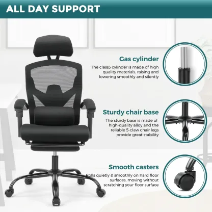 Silla de Oficina Ergonómica con Reposapiés, Reposacabezas Ajustable y Respaldo de Malla, Giratoria con Ruedas y Altura Regulable