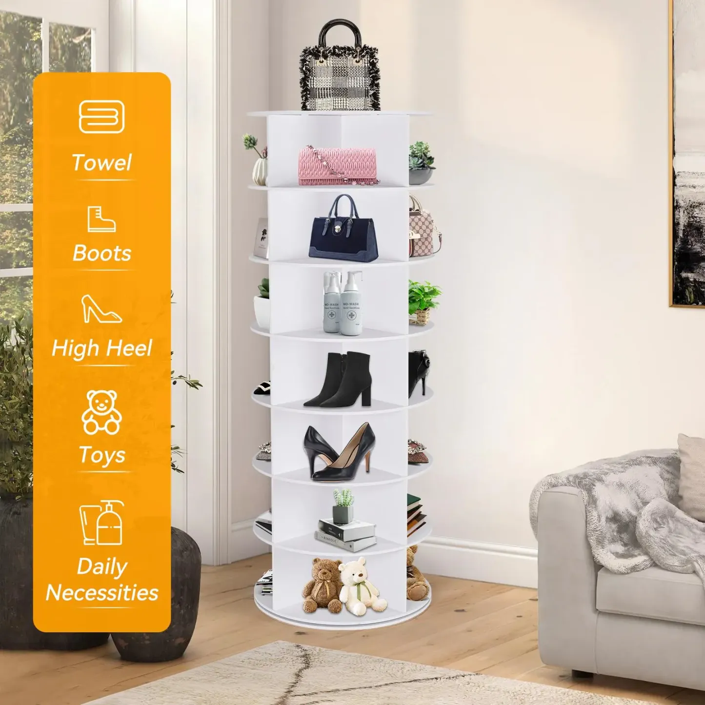 Zapatero Giratorio 360° de 7 Niveles, Organizador Circular para 28 Pares de Zapatos, Ahorra Espacio para Entrada, Dormitorio y Sala