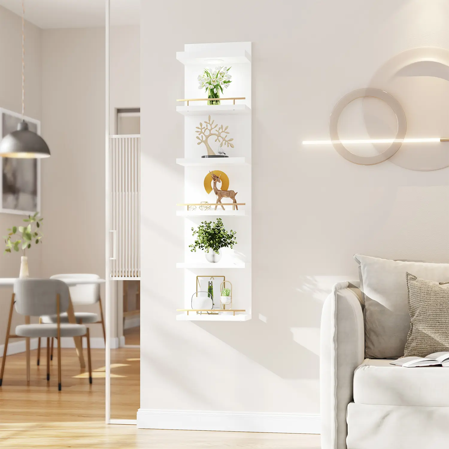 Estantería Flotante Minimalista de 6/8 Niveles con Luz LED, Estante Vertical Blanco para Exhibición y Decoración, Librero de Pared con Iluminación Ajustable y Control Remoto, Ideal para Dormitorio, Sala, Oficina y Almacenamiento del Hogar