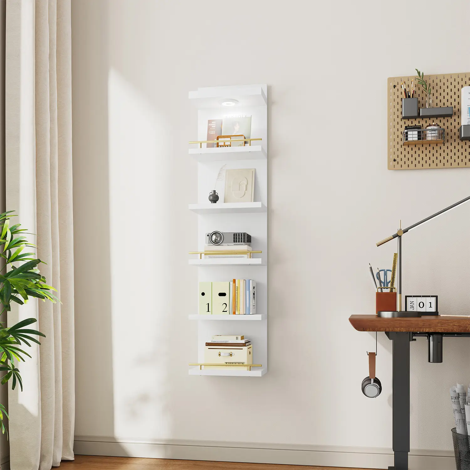 Estantería Flotante Minimalista de 6/8 Niveles con Luz LED, Estante Vertical Blanco para Exhibición y Decoración, Librero de Pared con Iluminación Ajustable y Control Remoto, Ideal para Dormitorio, Sala, Oficina y Almacenamiento del Hogar