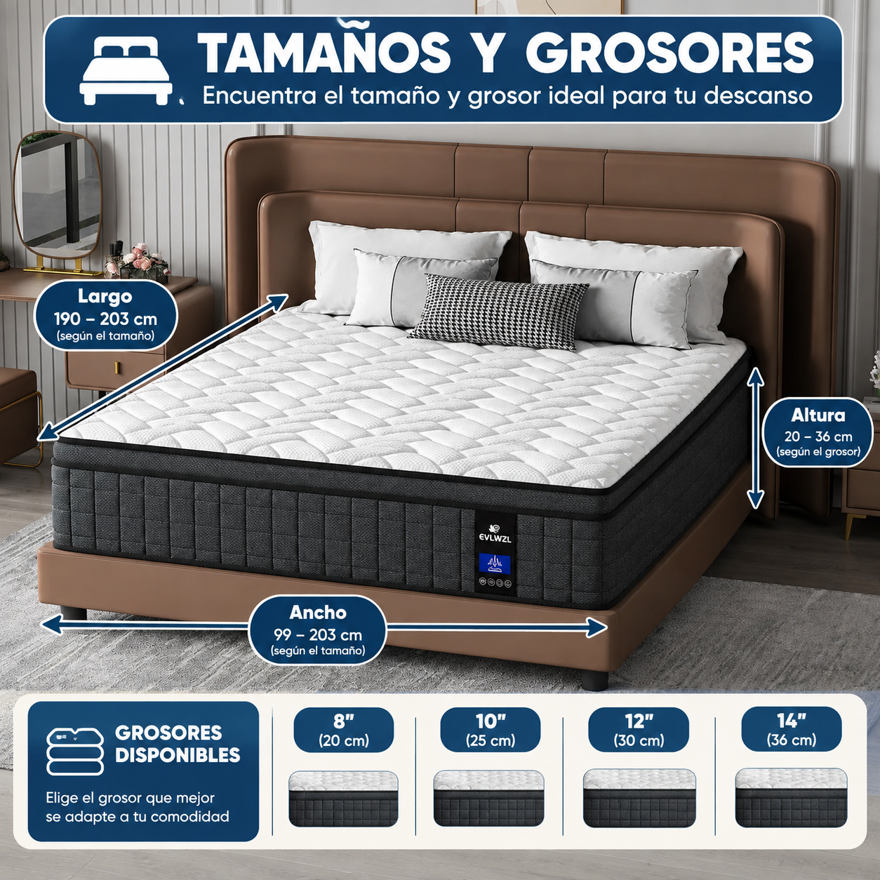 Colchón híbrido con espuma viscoelástica premium y muelles, grosores de 8/10/12/14 pulgadas, firmeza media, soporte lumbar, diseño ergonómico; ideal para el hogar y hoteles; se entrega en caja; perfecto como regalo, para dormitorios y decoración del hogar