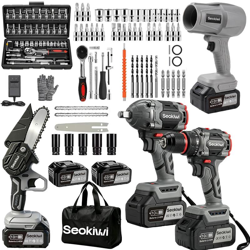 Kit de Herramientas Eléctricas Inalámbricas  4 en 1 con Taladro Percutor, Llave de Impacto, Motosierra y Soplador de Turbina, Motor Sin Escobillas, 2 Baterías y Luz LED