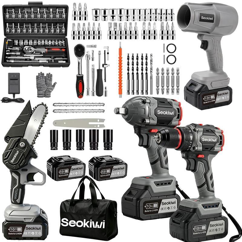 Kit de Herramientas Eléctricas Inalámbricas 4 en 1 con Taladro Percutor, Llave de Impacto, Motosierra y Soplador de Turbina, Motor Sin Escobillas, 2 Baterías y Luz LED
