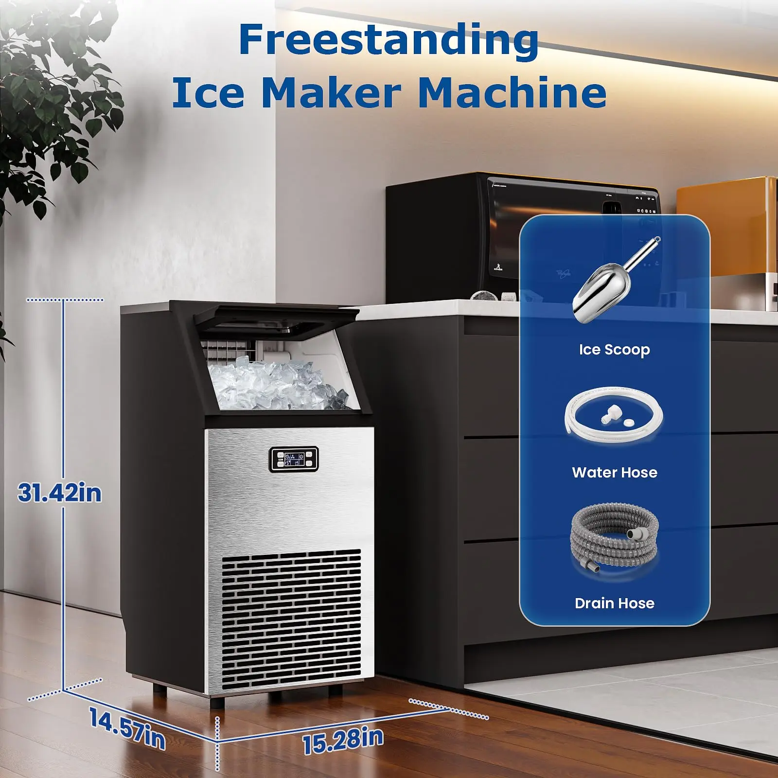 Máquina de hielo comercial Kismile — Modelo 2026 mejorado — Producción de 66, 80 o 100 libras en 24 horas — Fabricadora de hielo de acero inoxidable con capacidad de almacenamiento de 33 libras — Modelo independiente con función de autolimpieza, ideal par
