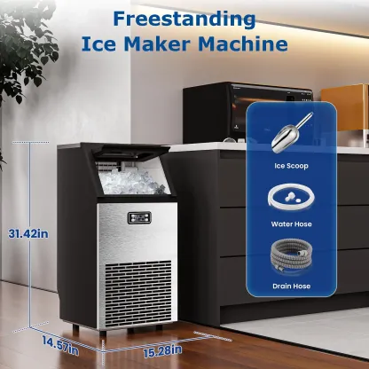 Máquina de hielo comercial Kismile — Modelo 2026 mejorado — Producción de 66, 80 o 100 libras en 24 horas — Fabricadora de hielo de acero inoxidable con capacidad de almacenamiento de 33 libras — Modelo independiente con función de autolimpieza, ideal par
