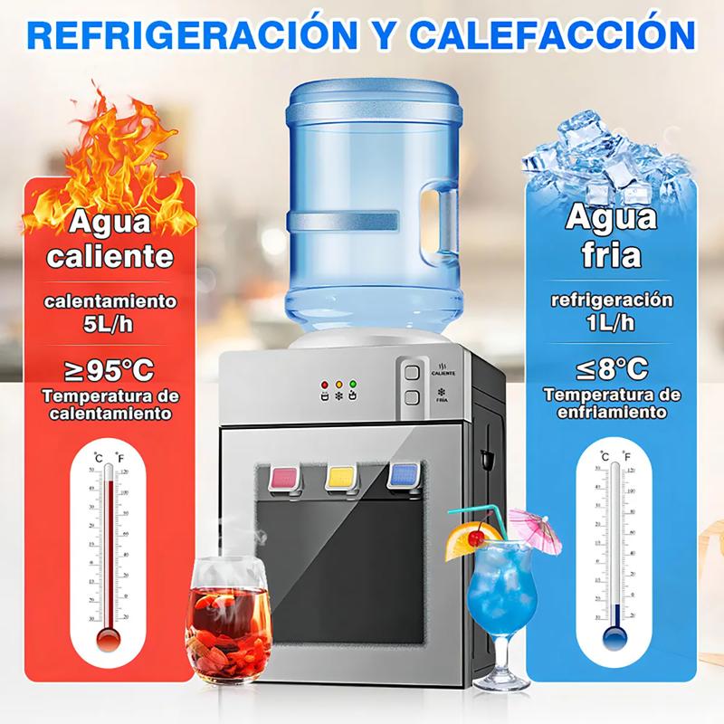 Dispensador De Agua Fría Caliente Y Templada Plateado HS-35 De Mesa Eléctrico Con 3 Salidas Compatible Con Garrafón 3.5L A 18.9L 110V Enfriamiento 75W Calentamiento 500W Ideal Para Hogar Oficina Dormitorio