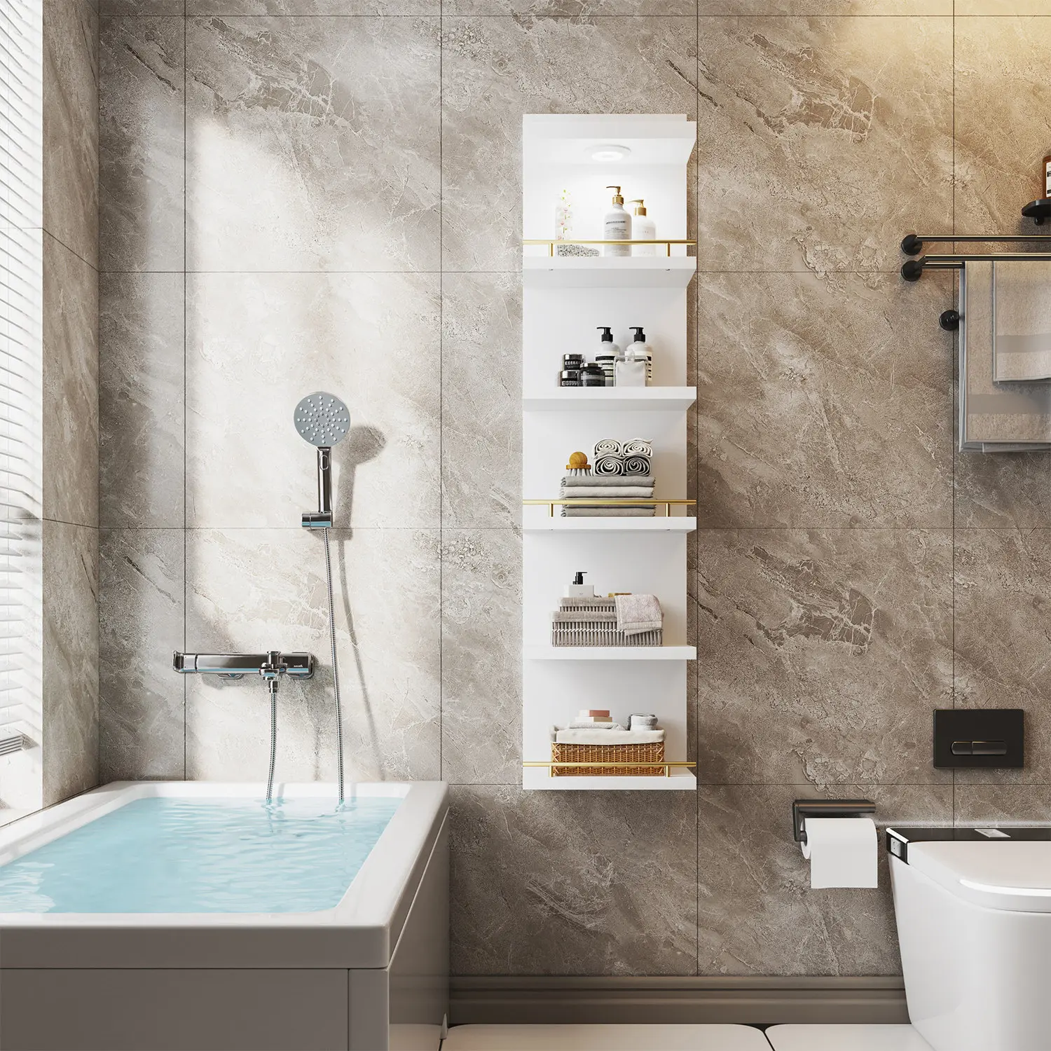 Estantería Flotante Minimalista de 6/8 Niveles con Luz LED, Estante Vertical Blanco para Exhibición y Decoración, Librero de Pared con Iluminación Ajustable y Control Remoto, Ideal para Dormitorio, Sala, Oficina y Almacenamiento del Hogar