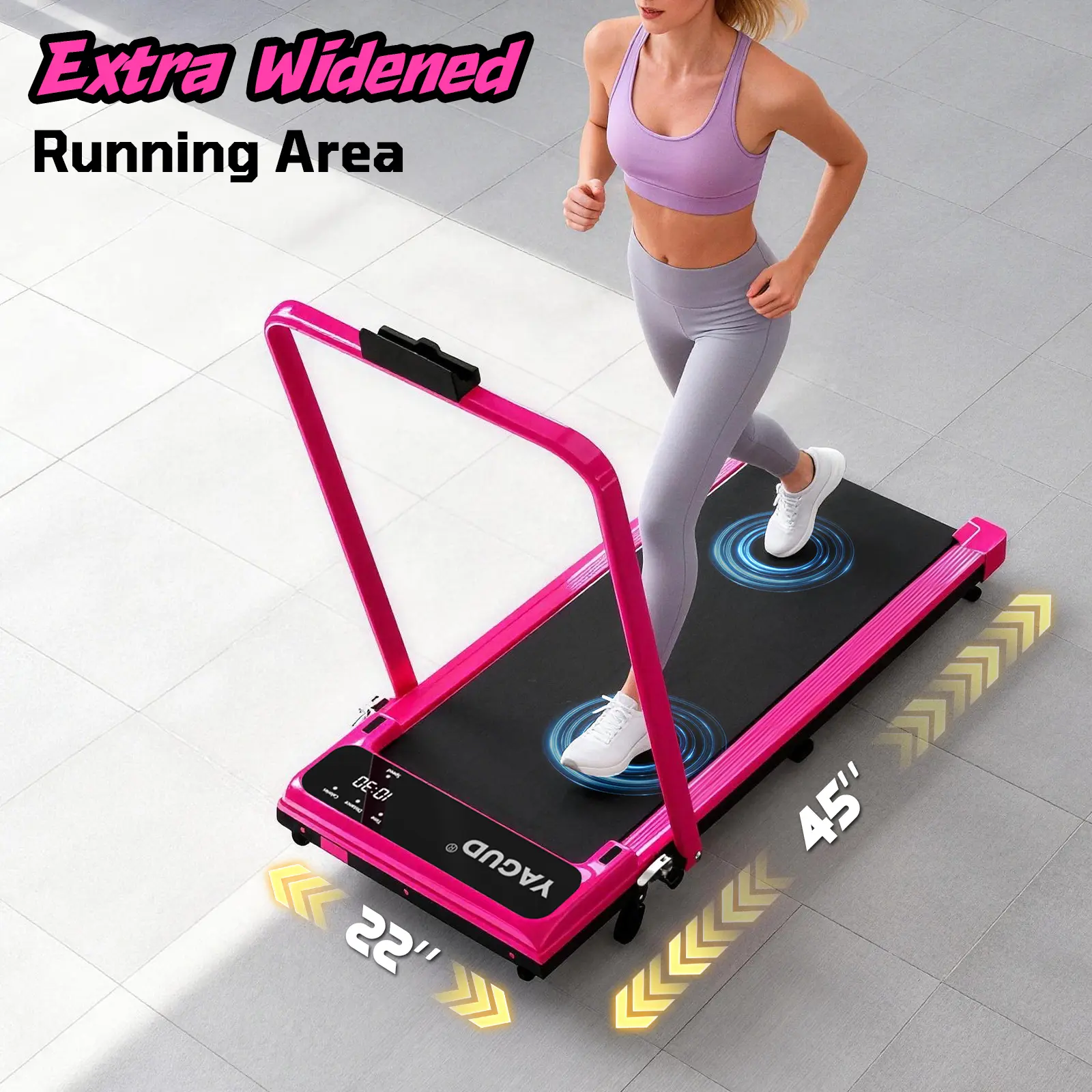 Cinta de caminar plegable, capacidad de carga de 120 kg (265 libras), cinta de correr con superficie amplia, motor silencioso, doble sistema de amortiguación, control remoto y ruedas para un fácil desplazamiento.