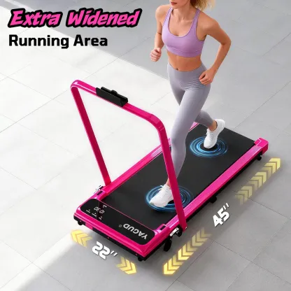 Cinta de caminar plegable, capacidad de carga de 120 kg (265 libras), cinta de correr con superficie amplia, motor silencioso, doble sistema de amortiguación, control remoto y ruedas para un fácil desplazamiento.