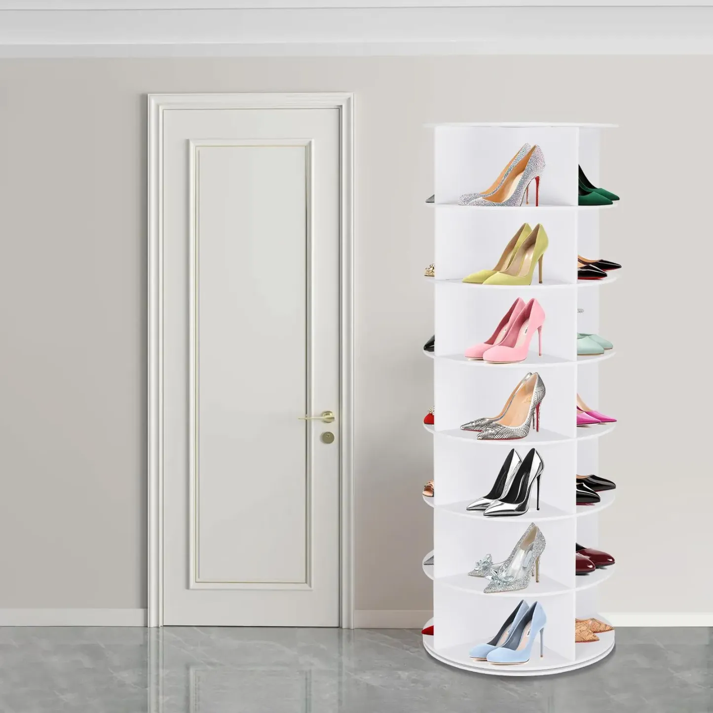 Zapatero Giratorio 360° de 7 Niveles, Organizador Circular para 28 Pares de Zapatos, Ahorra Espacio para Entrada, Dormitorio y Sala