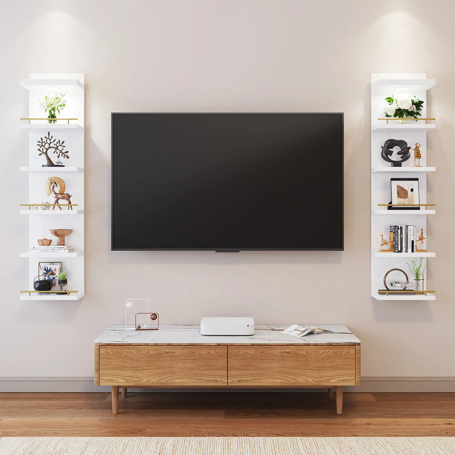 Estantería Flotante Minimalista de 6/8 Niveles con Luz LED, Estante Vertical Blanco para Exhibición y Decoración, Librero de Pared con Iluminación Ajustable y Control Remoto, Ideal para Dormitorio, Sala, Oficina y Almacenamiento del Hogar