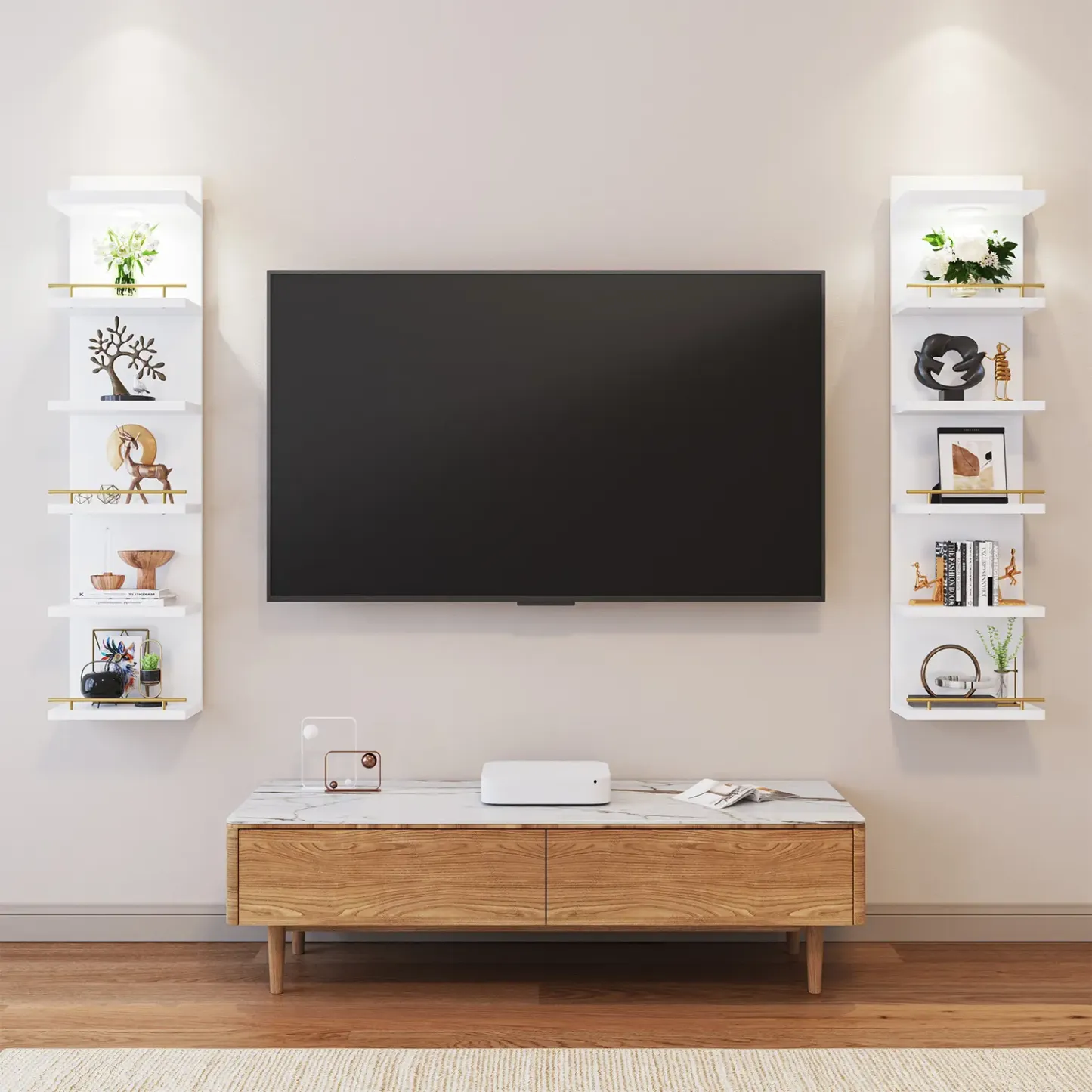 Estantería Flotante Minimalista de 6/8 Niveles con Luz LED, Estante Vertical Blanco para Exhibición y Decoración, Librero de Pared con Iluminación Ajustable y Control Remoto, Ideal para Dormitorio, Sala, Oficina y Almacenamiento del Hogar