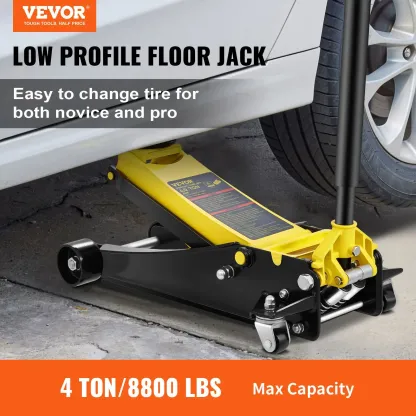 Gato de piso de perfil bajo de 4 toneladas, de acero resistente, con doble pistón, bomba rápida, portátil, para ruedas de automóvil