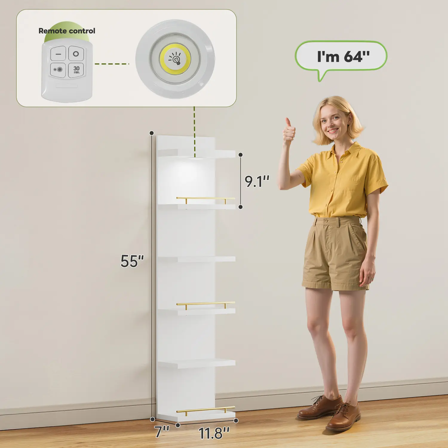 Estantería Flotante Minimalista de 6/8 Niveles con Luz LED, Estante Vertical Blanco para Exhibición y Decoración, Librero de Pared con Iluminación Ajustable y Control Remoto, Ideal para Dormitorio, Sala, Oficina y Almacenamiento del Hogar