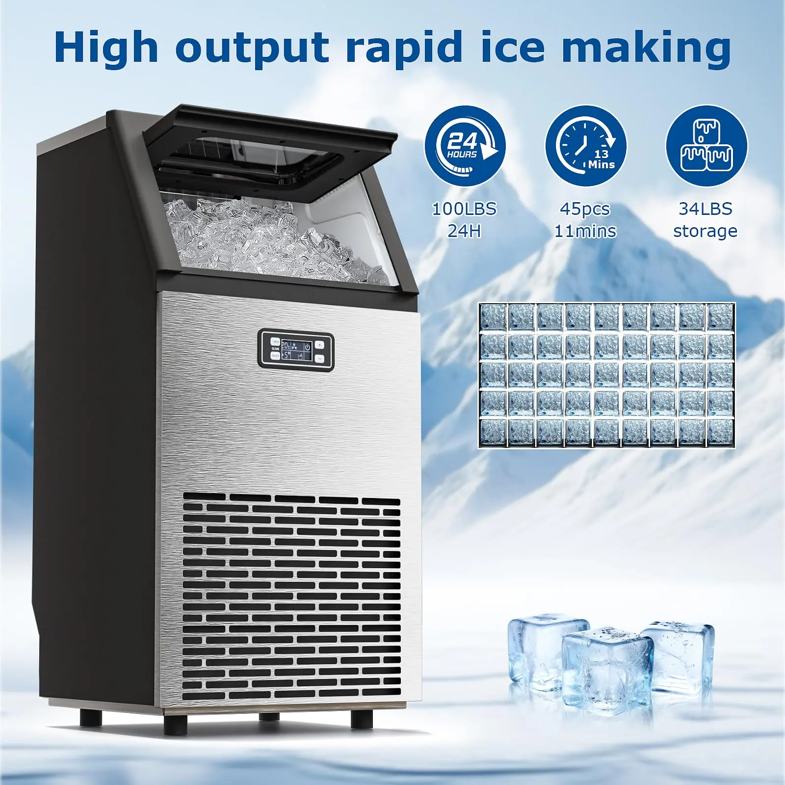 Máquina de hielo comercial Kismile — Modelo 2026 mejorado — Producción de 66, 80 o 100 libras en 24 horas — Fabricadora de hielo de acero inoxidable con capacidad de almacenamiento de 33 libras — Modelo independiente con función de autolimpieza, ideal par