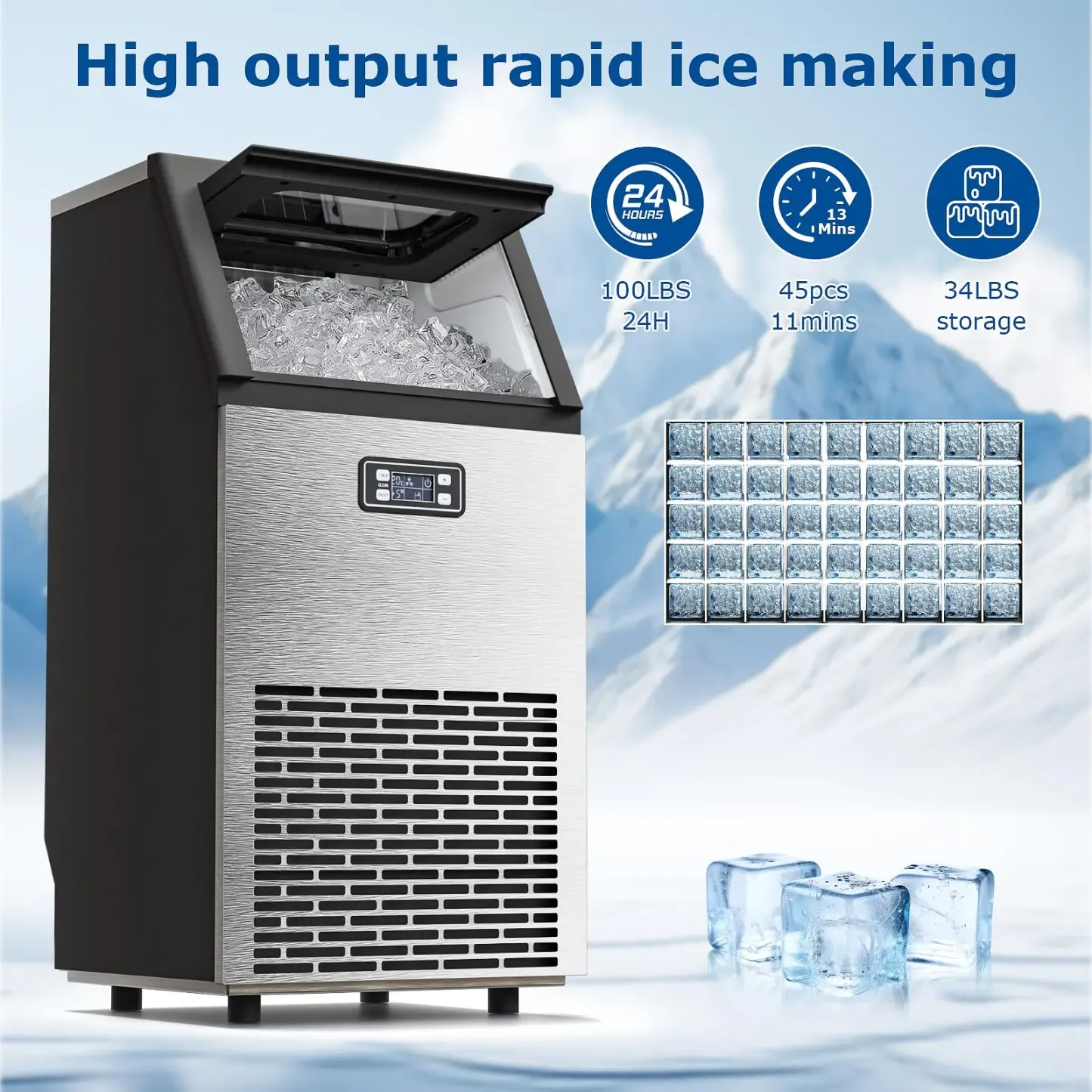 Máquina de hielo comercial Kismile — Modelo 2026 mejorado — Producción de 66, 80 o 100 libras en 24 horas — Fabricadora de hielo de acero inoxidable con capacidad de almacenamiento de 33 libras — Modelo independiente con función de autolimpieza, ideal par