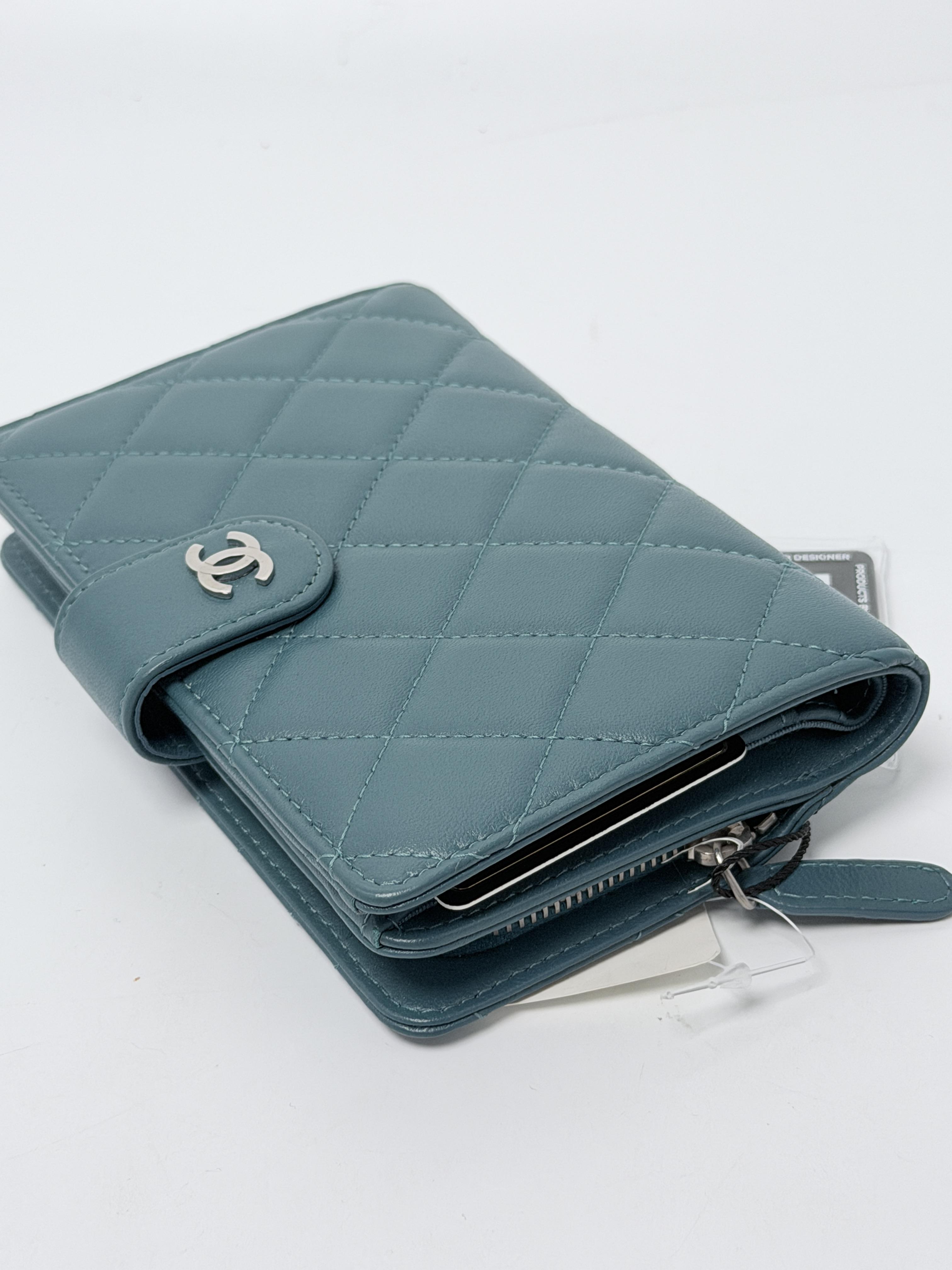 Classic Flap French Long Wallet Lambskin Teal Blue Silver JA1358CC