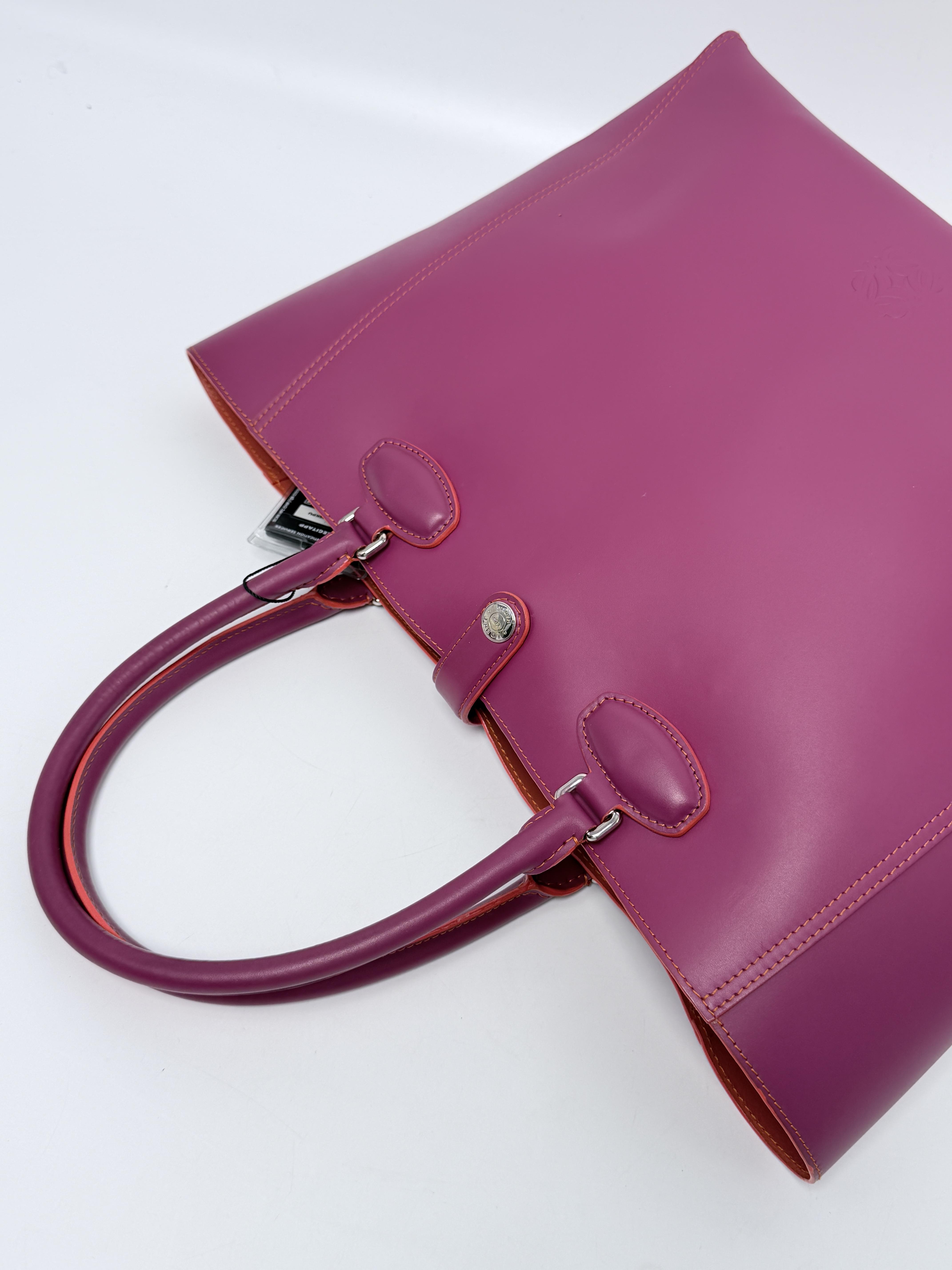 Leo Purple Magenta Calfskin Leather Shopping Tote Bag w/ Orange Pouch JD1092LE