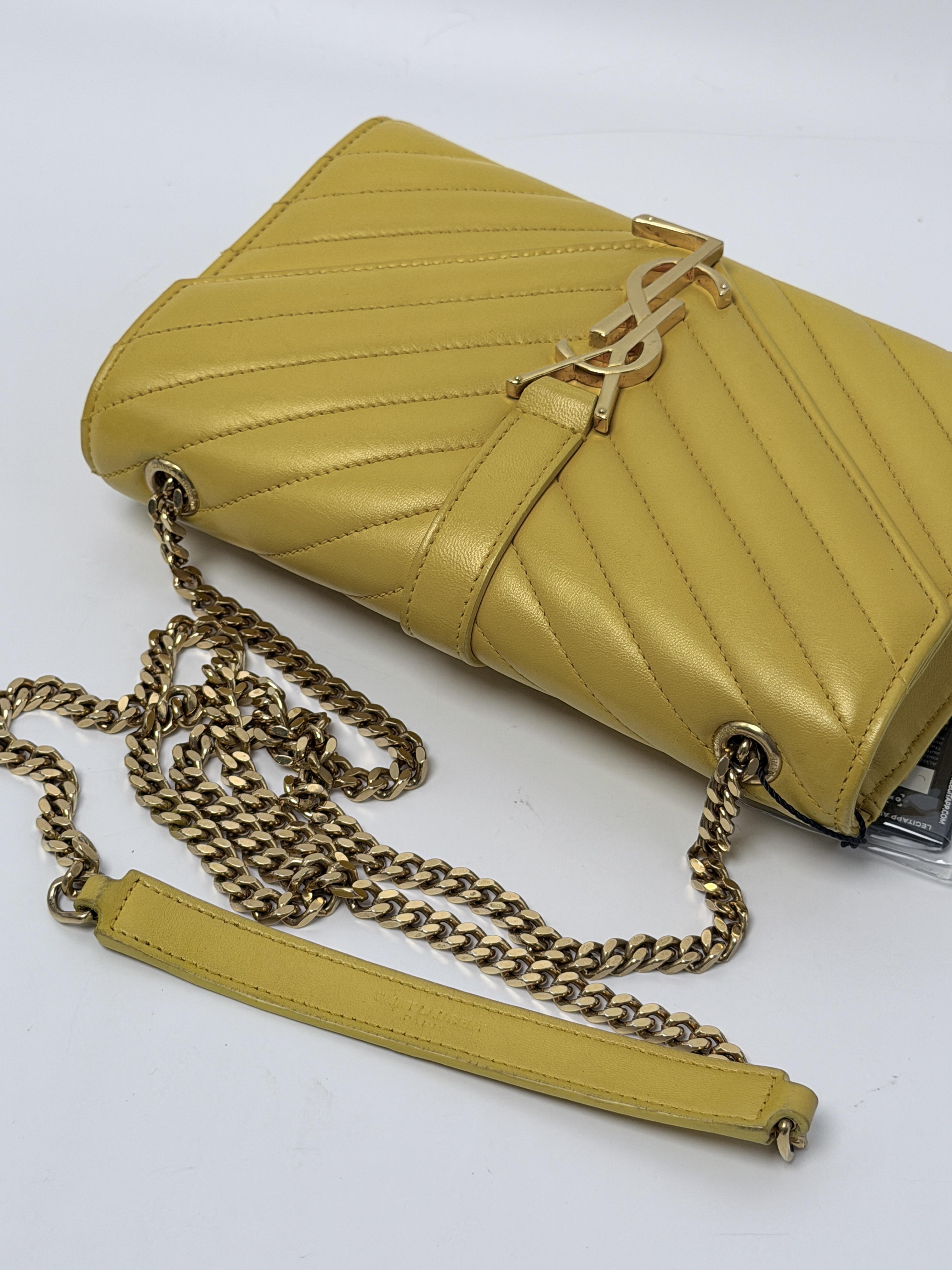 Saint Laurent Cassandre Matelasse Envelope Chain Wallet Mustard Yellow JD1521Y
