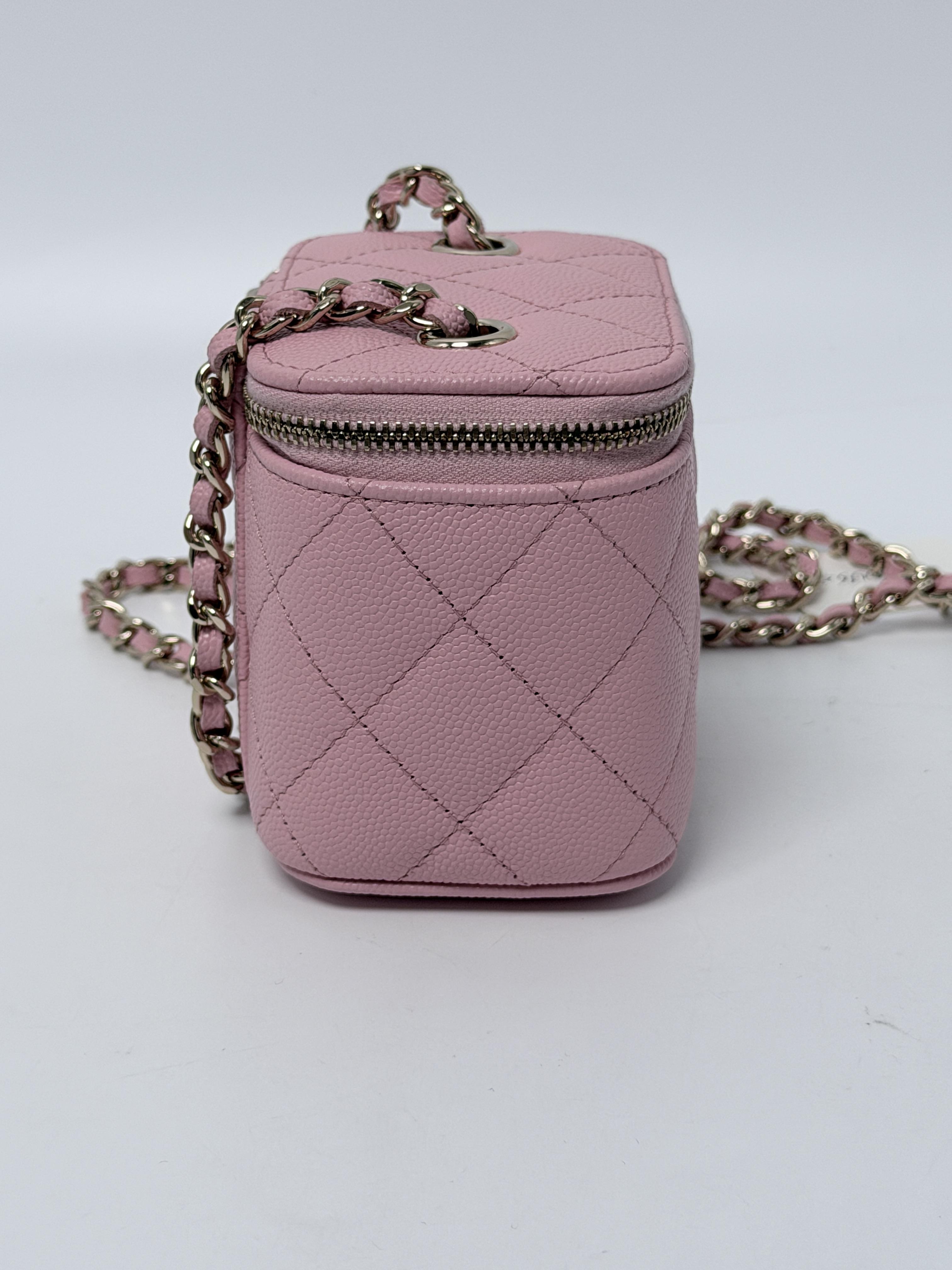 Classic Mini Square Vanity Case with Chain Pink Caviar GHW HB008CC