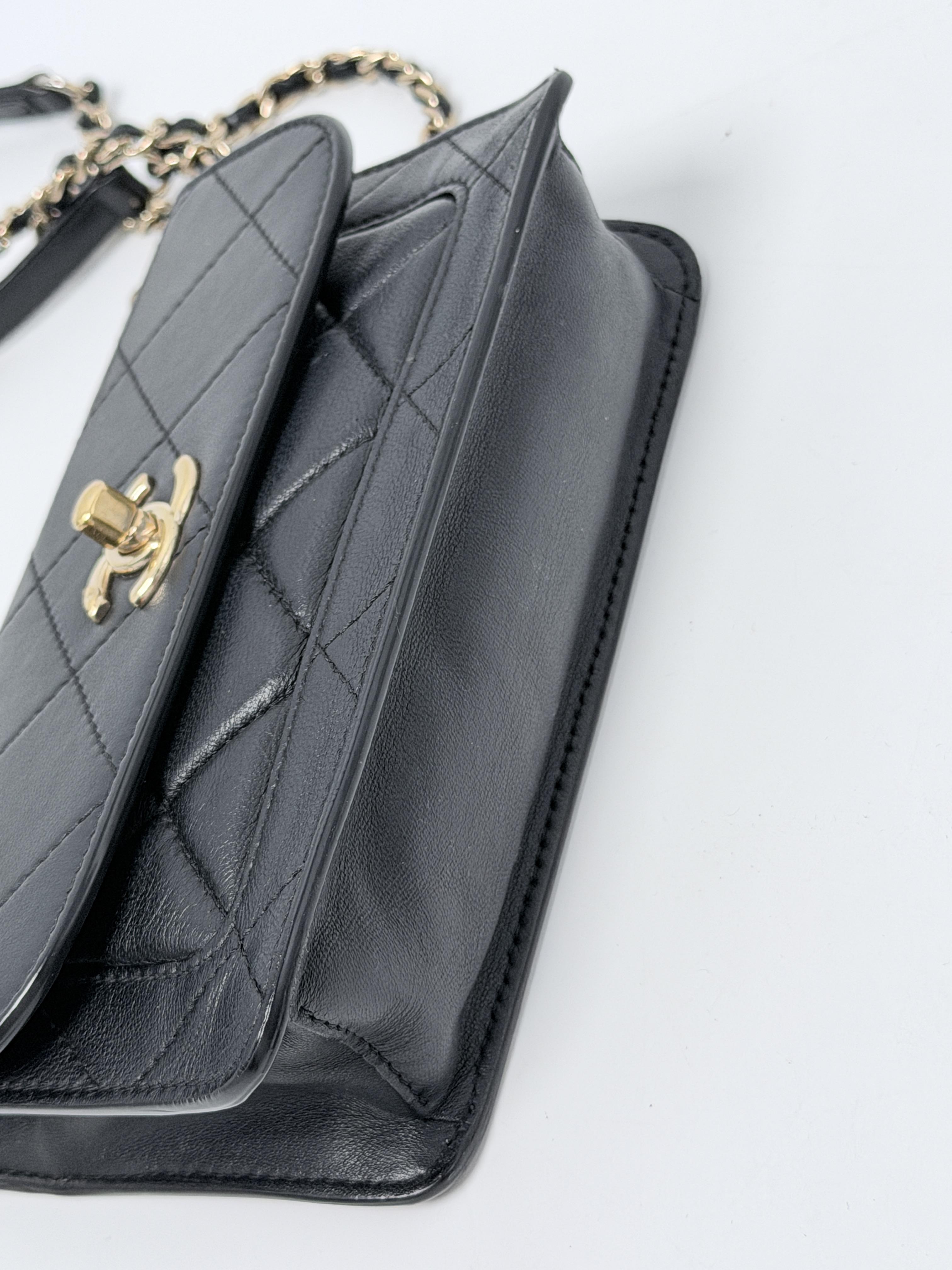 Grained Calfskin Caviar Front Pocket Mini Flap Messenger Bag Black Gold P047CC