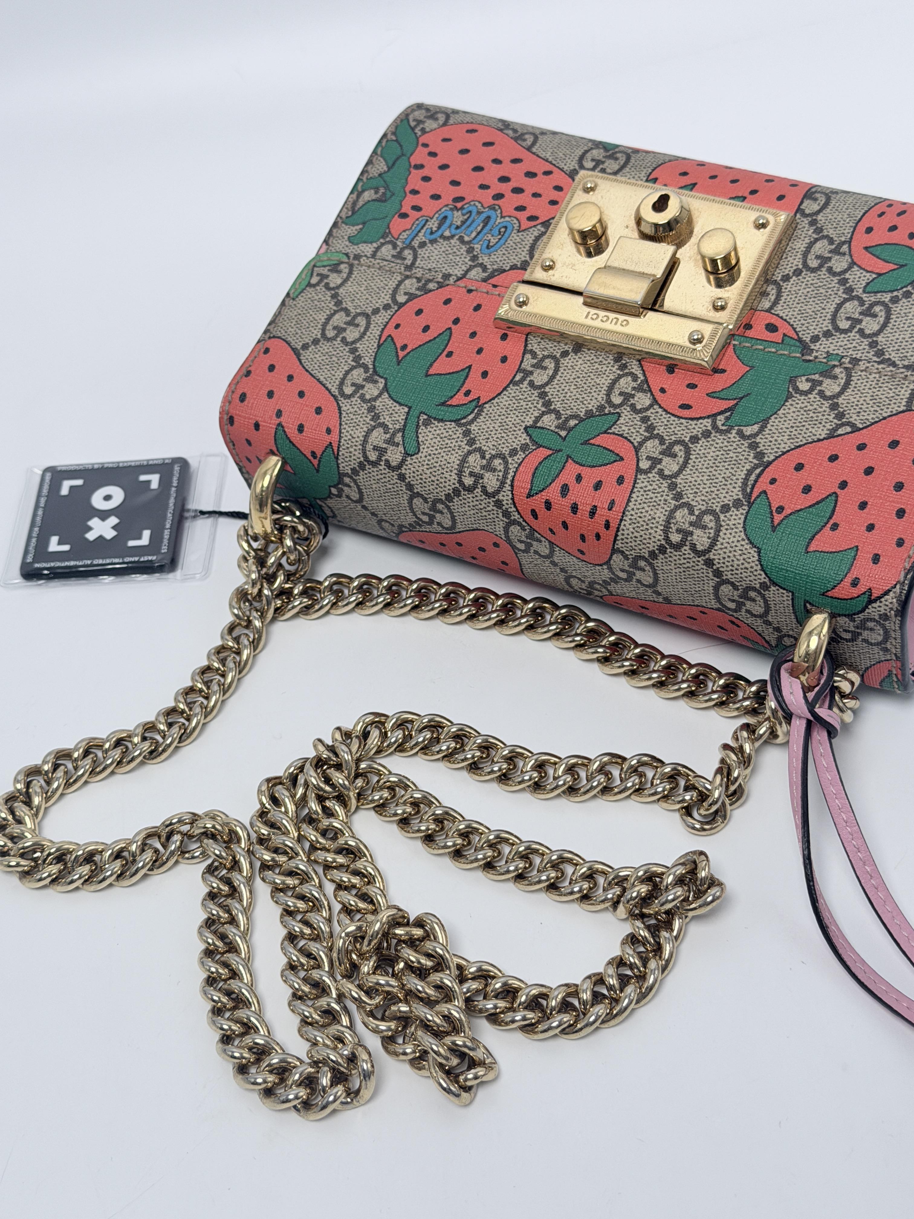 Padlock Shoulder Bag Small GG Supreme Strawberry Print Pink Leather JD1198GG