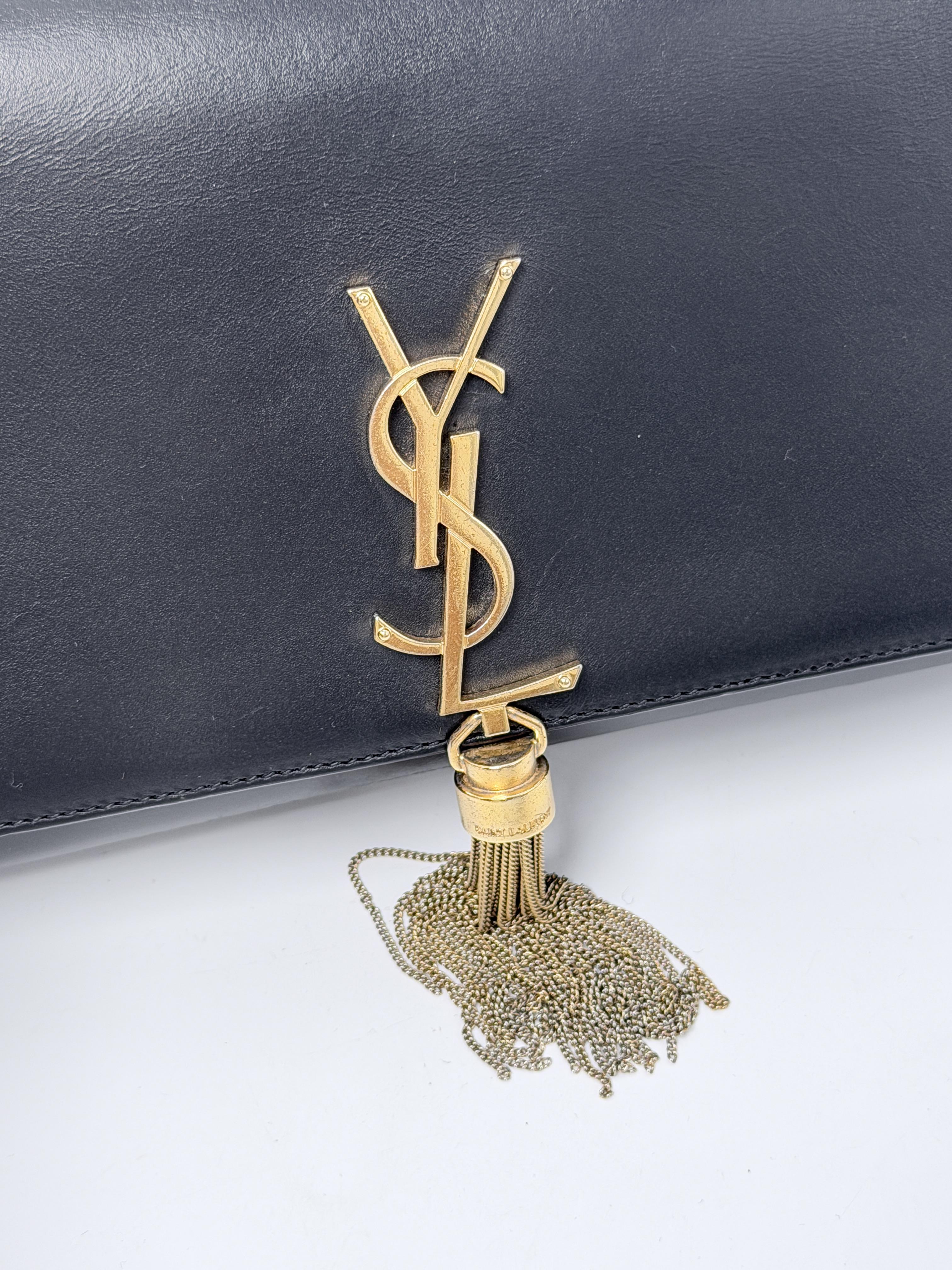 SAINT LAURENT Smooth Calfskin Medium Kate Tassel Chain Shoulder Bag Black Gold JD1240Y