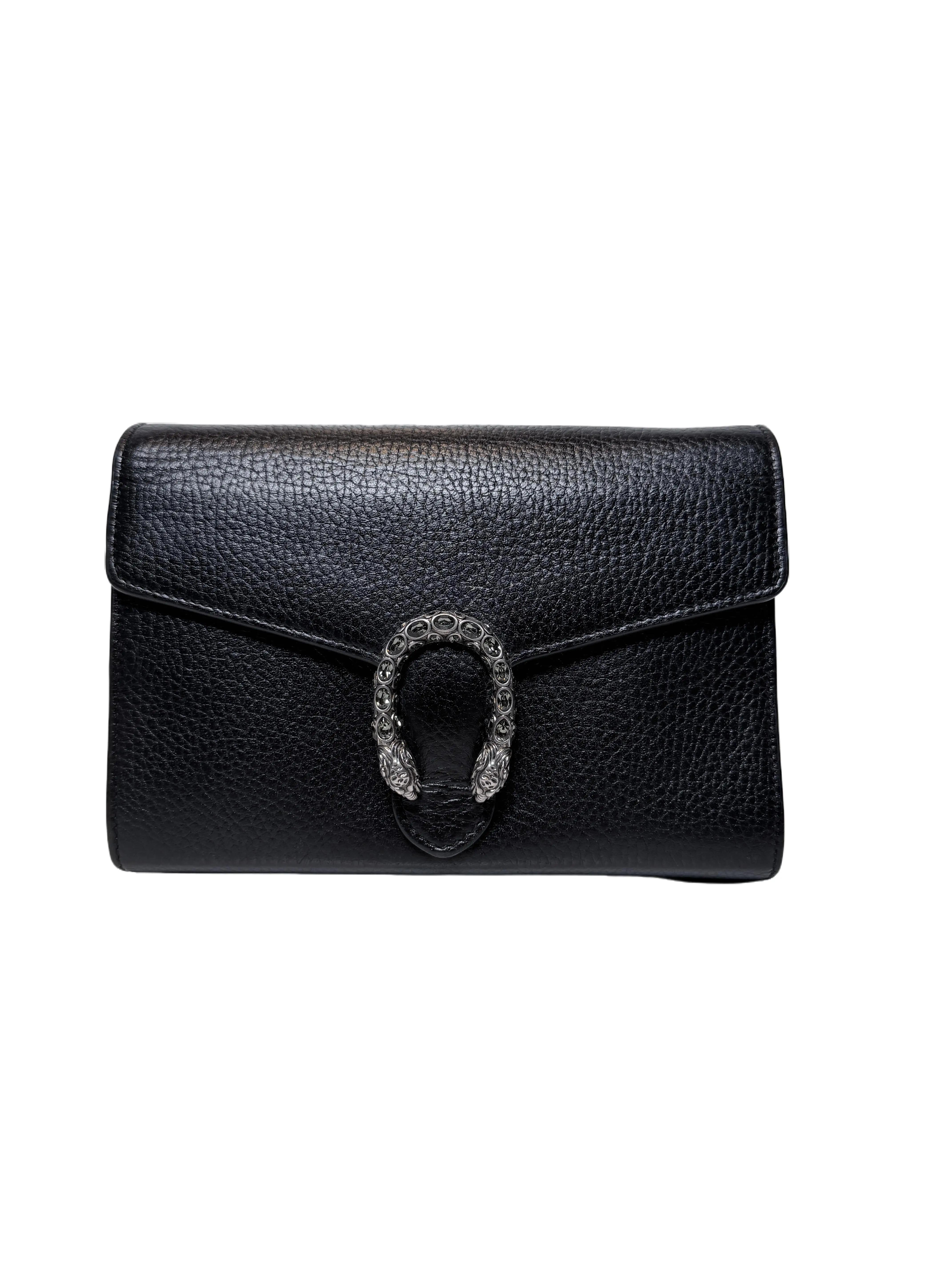 Pre-owned GUCCI Leather Crossbody Bags Authentic Dionysus Wallet On Chain Black Grained Crossbody Handbag DEGG2